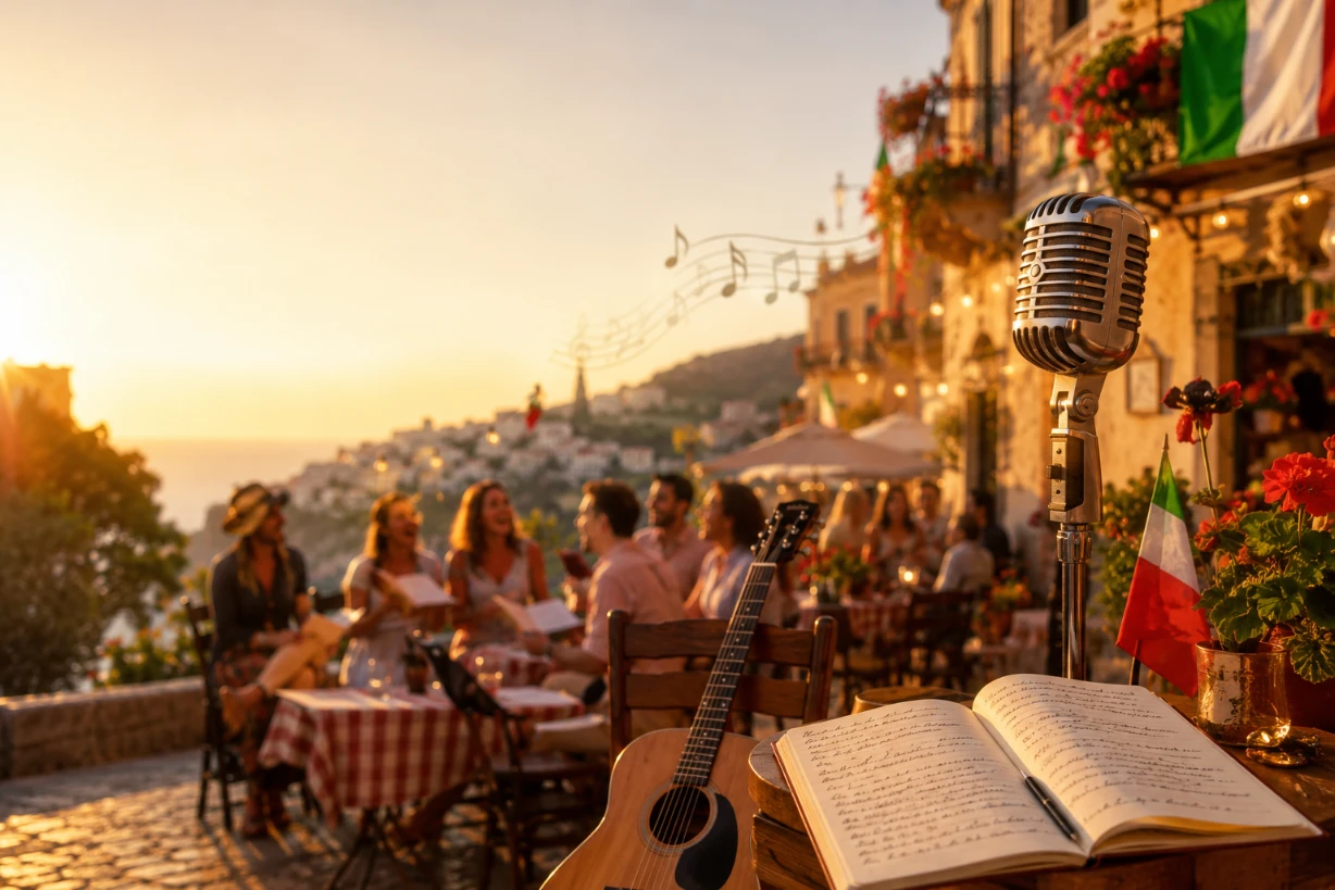 Scène musicale italienne en piazza avec guitare, carnet de paroles et public chantant au soleil couchant.