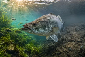 Perche du Nil nageant dans un lac africain, entre écosystème prospère et biodiversité menacée.
