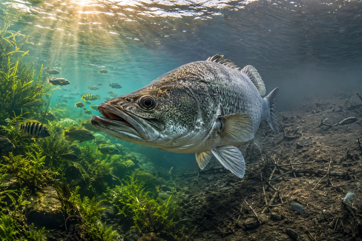 Perche du Nil nageant dans un lac africain, entre écosystème prospère et biodiversité menacée.