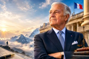 Pierre Mazeaud, ancien homme d'État français, en costume, devant institutions et Alpes enneigées. HD