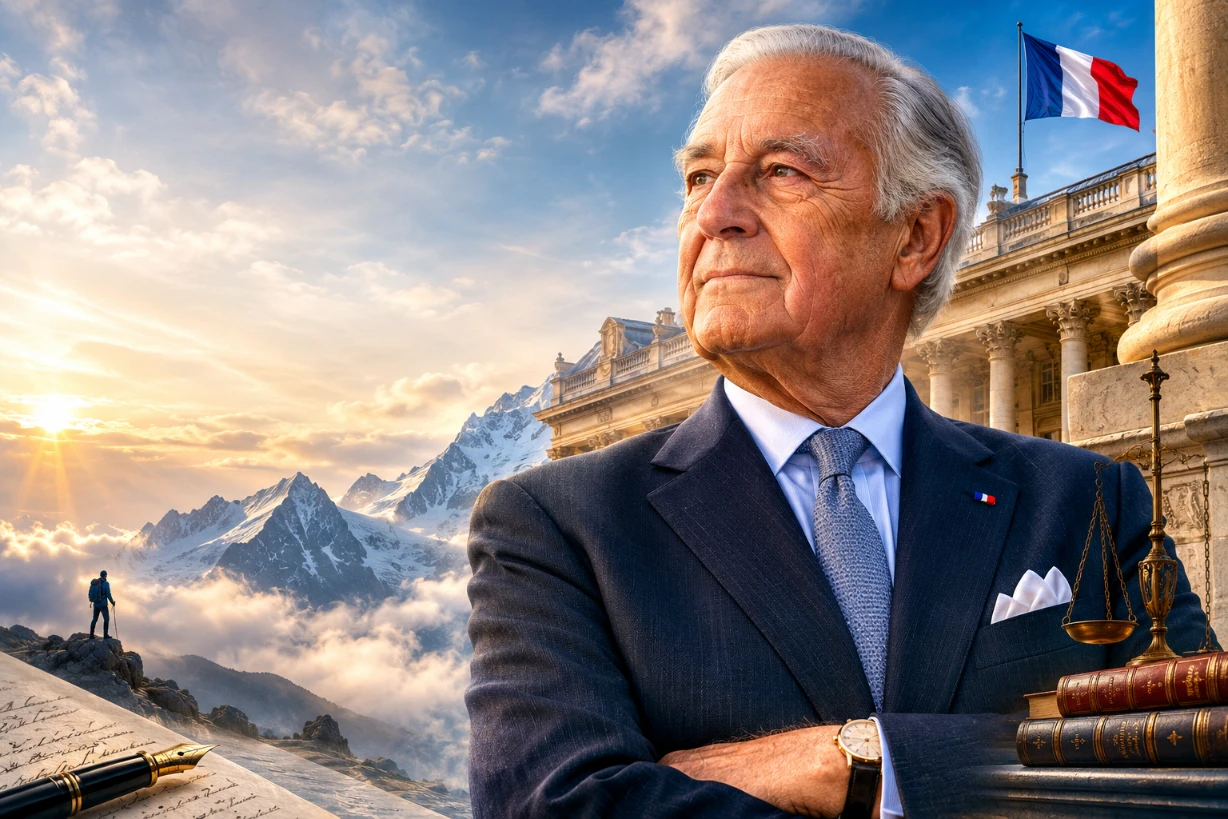 Pierre Mazeaud, ancien homme d'État français, en costume, devant institutions et Alpes enneigées. HD