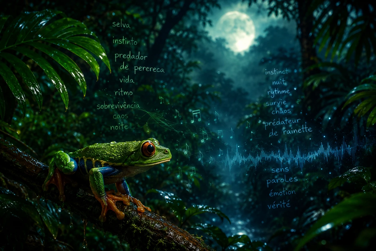 Rainette colorée dans une forêt tropicale brésilienne nocturne sous une lumière brumeuse.