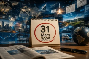 Calendrier du 31 mars 2025 entouré d’éléments d’actualité mondiale dans une rédaction moderne.