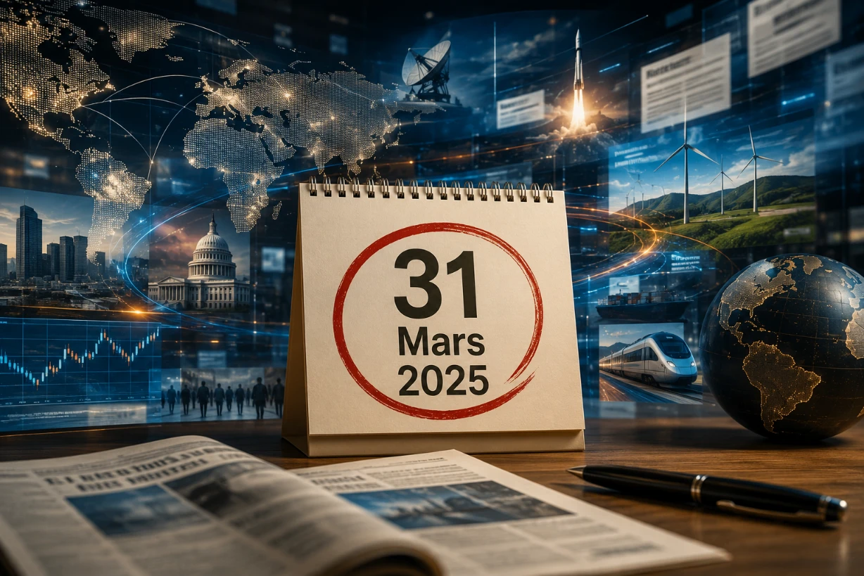 Calendrier du 31 mars 2025 entouré d’éléments d’actualité mondiale dans une rédaction moderne.
