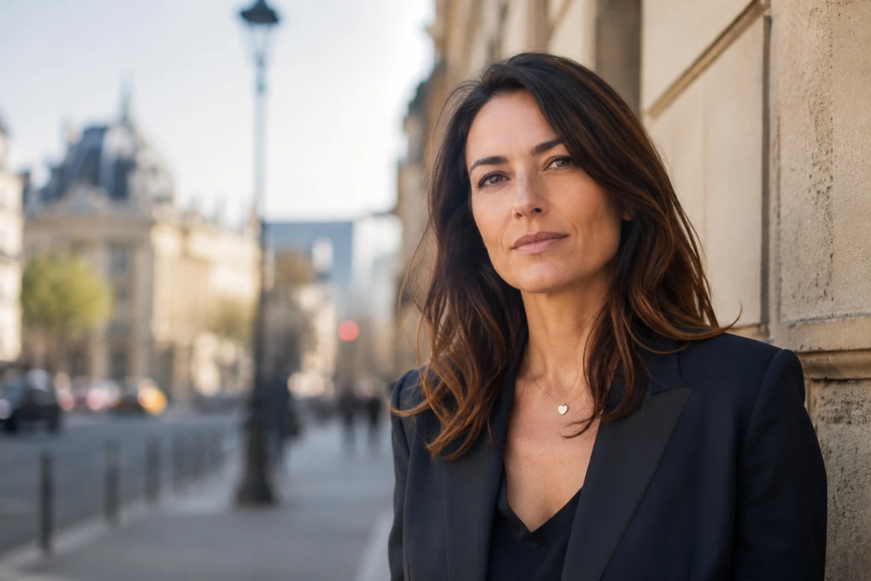 Portrait éditorial d’une femme élégante dans une rue parisienne au style moderne et raffiné.
