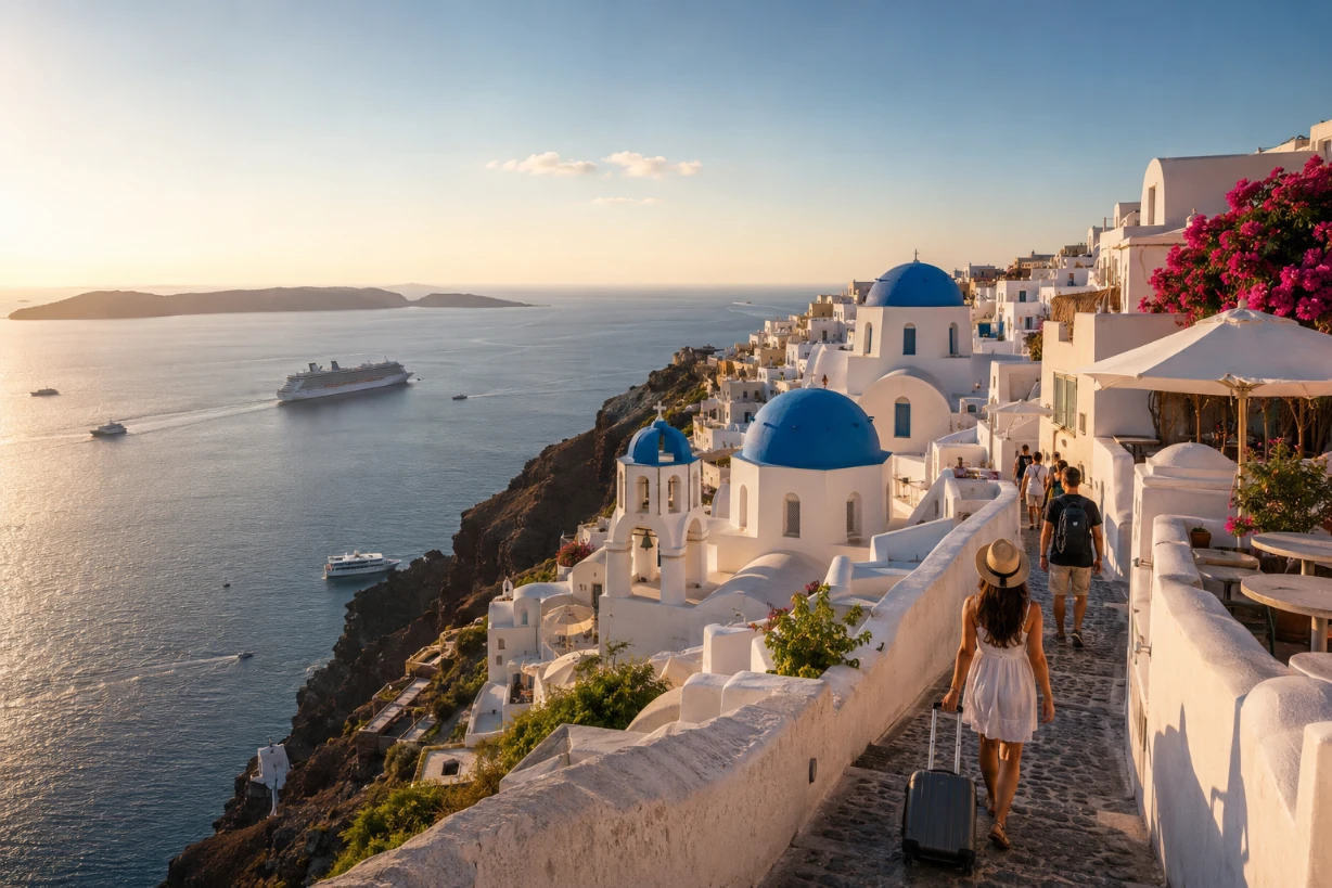 Vue panoramique de Santorin au coucher du soleil avec dômes bleus, ruelles animées et mer Égée scintillante.