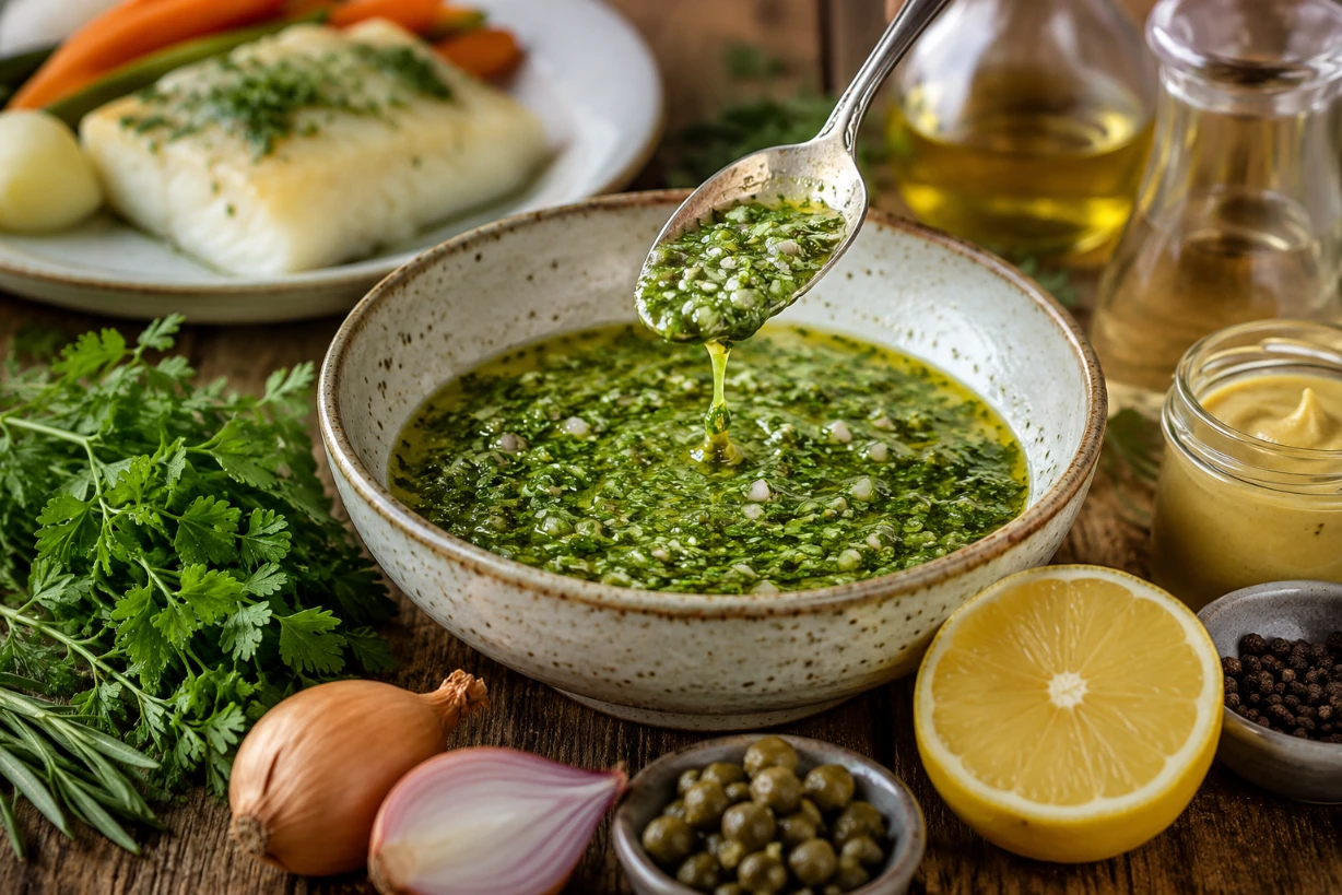 Bol de sauce ravigote aux herbes fraîches sur une table rustique entourée de ses ingrédients.
