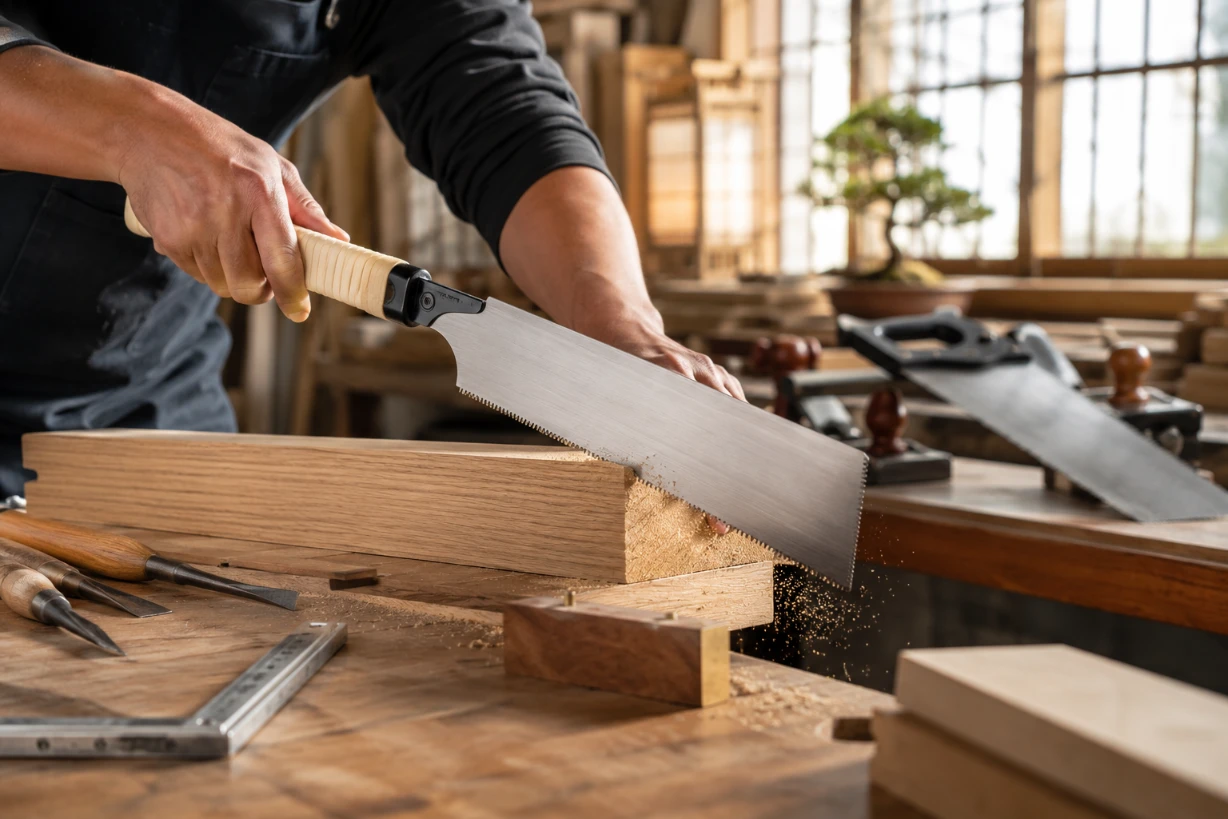 Scie japonaise coupant du bois dans un atelier lumineux avec outils de menuiserie en arrière-plan net.