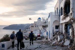 Vue aérienne d’un séisme en Grèce avec bâtiments endommagés et équipes de secours en action.