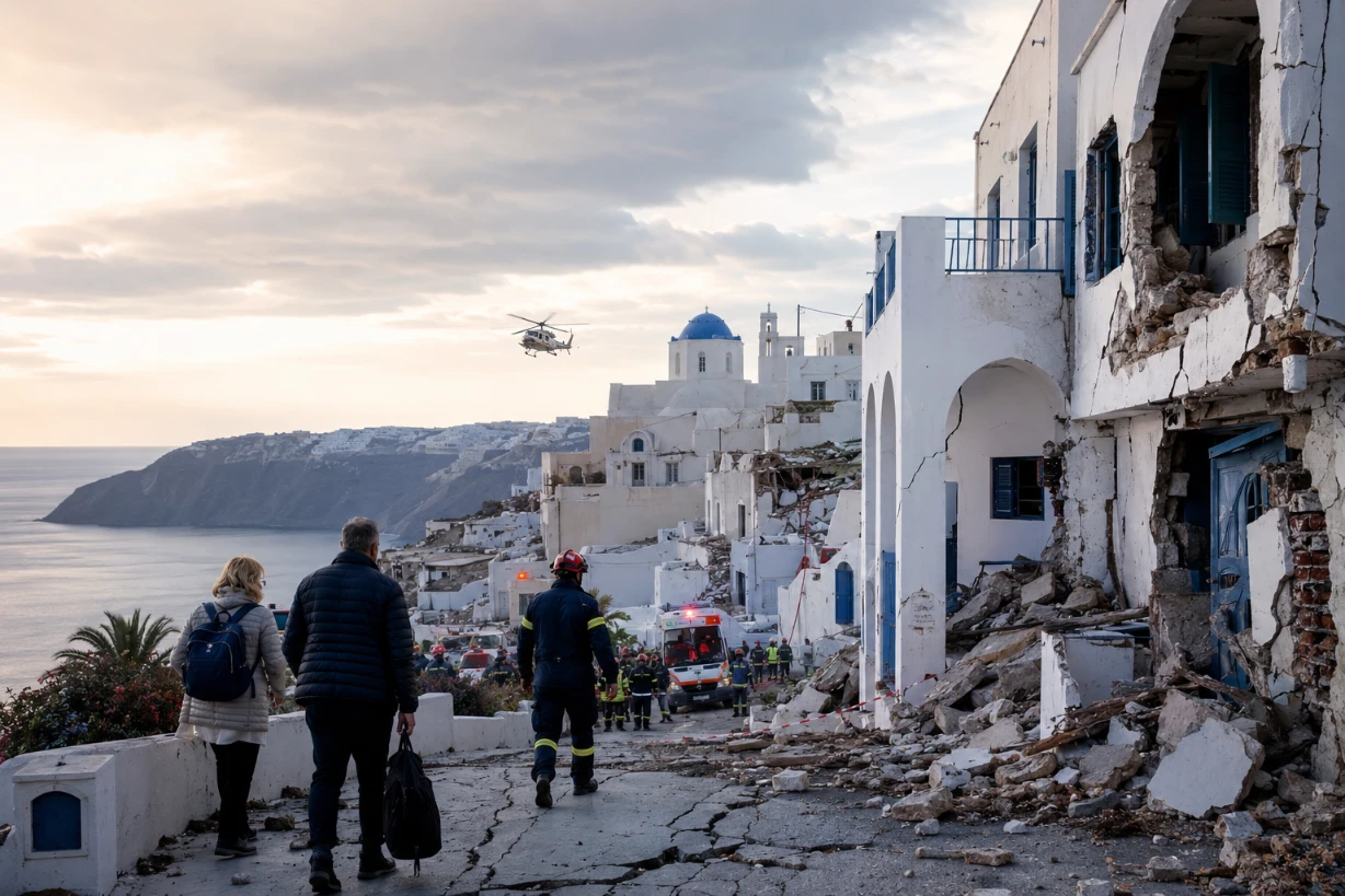 Vue aérienne d’un séisme en Grèce avec bâtiments endommagés et équipes de secours en action.