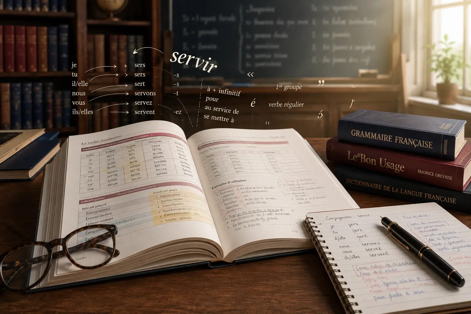 Livre de grammaire française ouvert avec tableaux de conjugaison sur un bureau d’étude élégant.