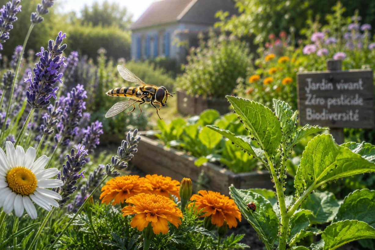Un syrphe pollinise des fleurs dans un jardin naturel luxuriant au lever du soleil.