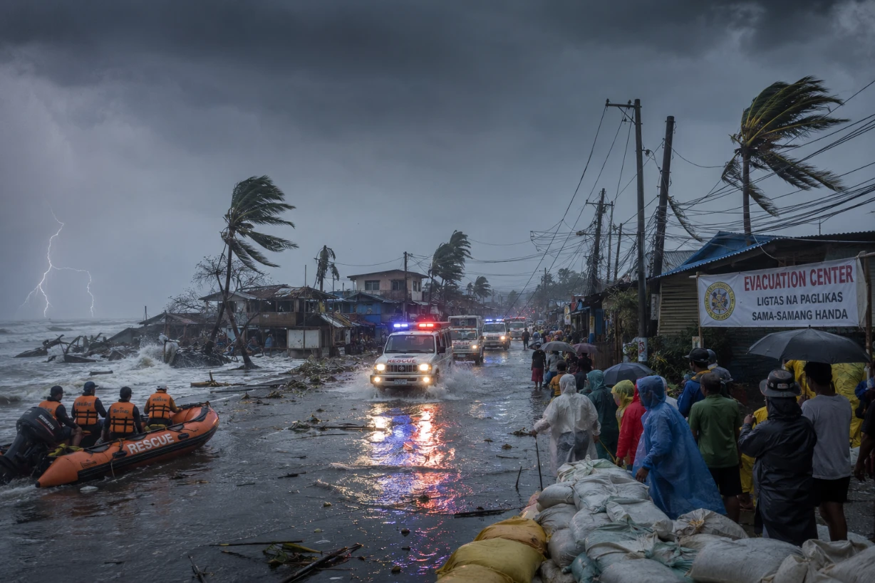 Typhon aux Philippines : rues inondées, vents violents et évacuations sous un ciel orageux.