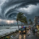 Typhon menaçant la côte vietnamienne, vagues déchaînées, vents violents et habitants en préparation.