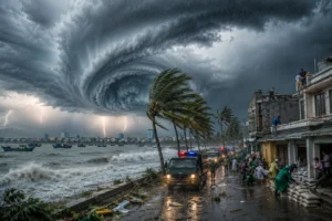 Typhon menaçant la côte vietnamienne, vagues déchaînées, vents violents et habitants en préparation.