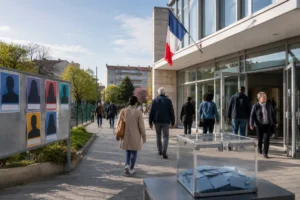 Électeurs devant un bureau de vote à Villeneuve-Saint-Georges lors d'une élection municipale.