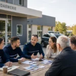 Gendarmes et citoyens réunis devant une gendarmerie pour une réunion associative et solidaire.