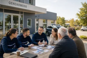 Gendarmes et citoyens réunis devant une gendarmerie pour une réunion associative et solidaire.