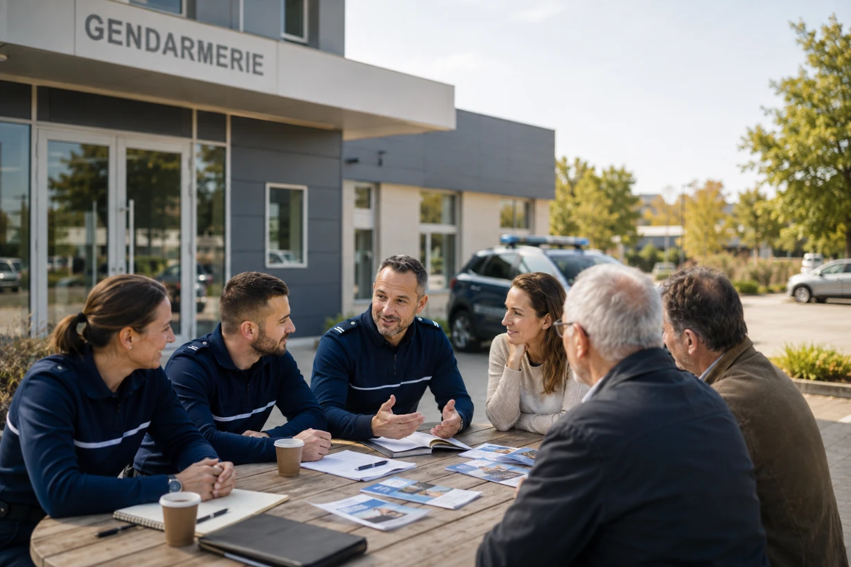 Gendarmes et citoyens réunis devant une gendarmerie pour une réunion associative et solidaire.