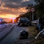 Accident de voiture sur une route au crépuscule avec secours et équipements de sécurité routière.