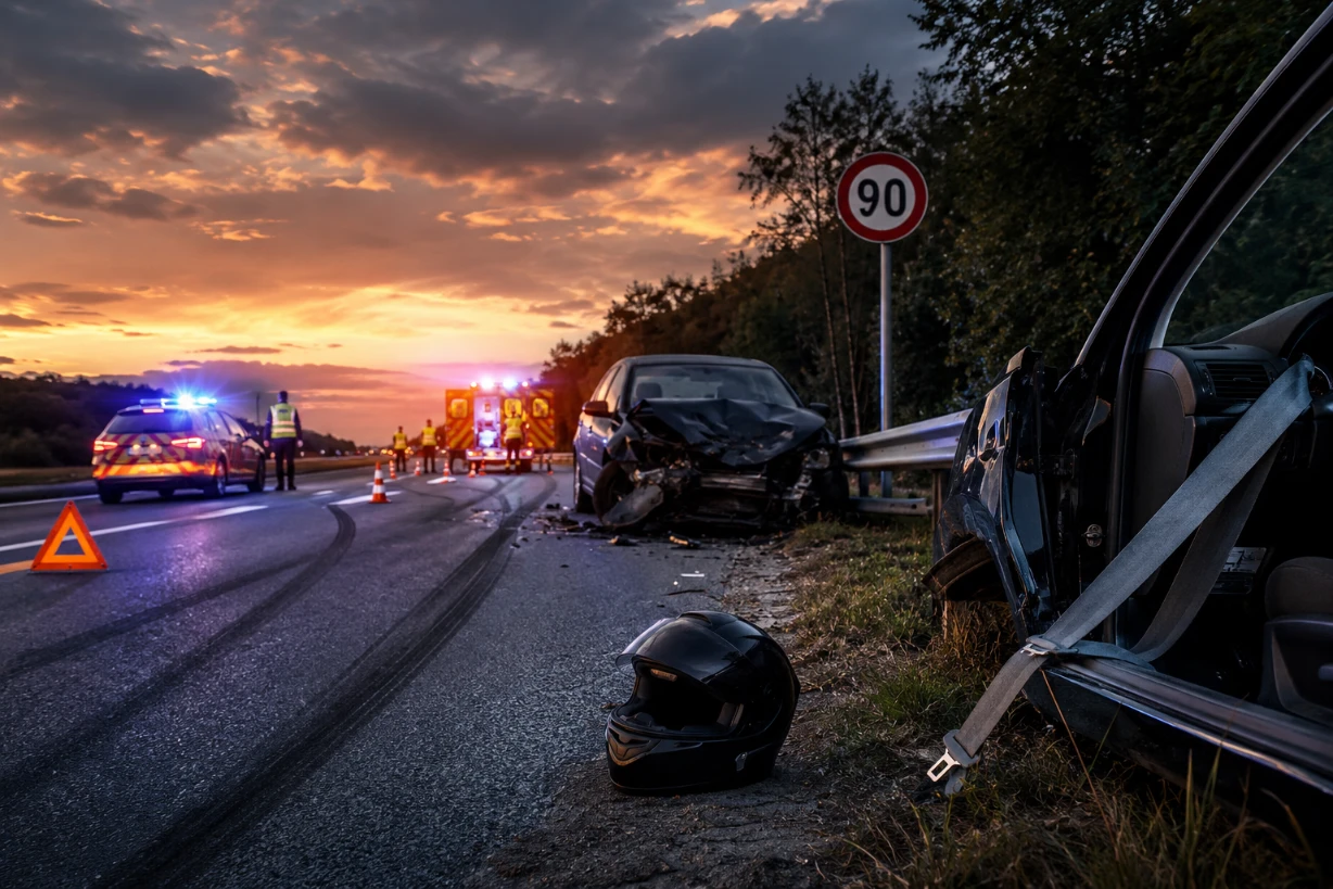 Accident de voiture sur une route au crépuscule avec secours et équipements de sécurité routière.