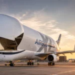 Airbus Beluga sur le tarmac au coucher du soleil, porte cargo ouverte, vue de trois quarts