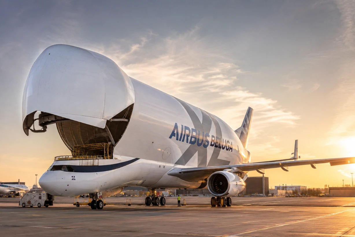 Airbus Beluga sur le tarmac au coucher du soleil, porte cargo ouverte, vue de trois quarts