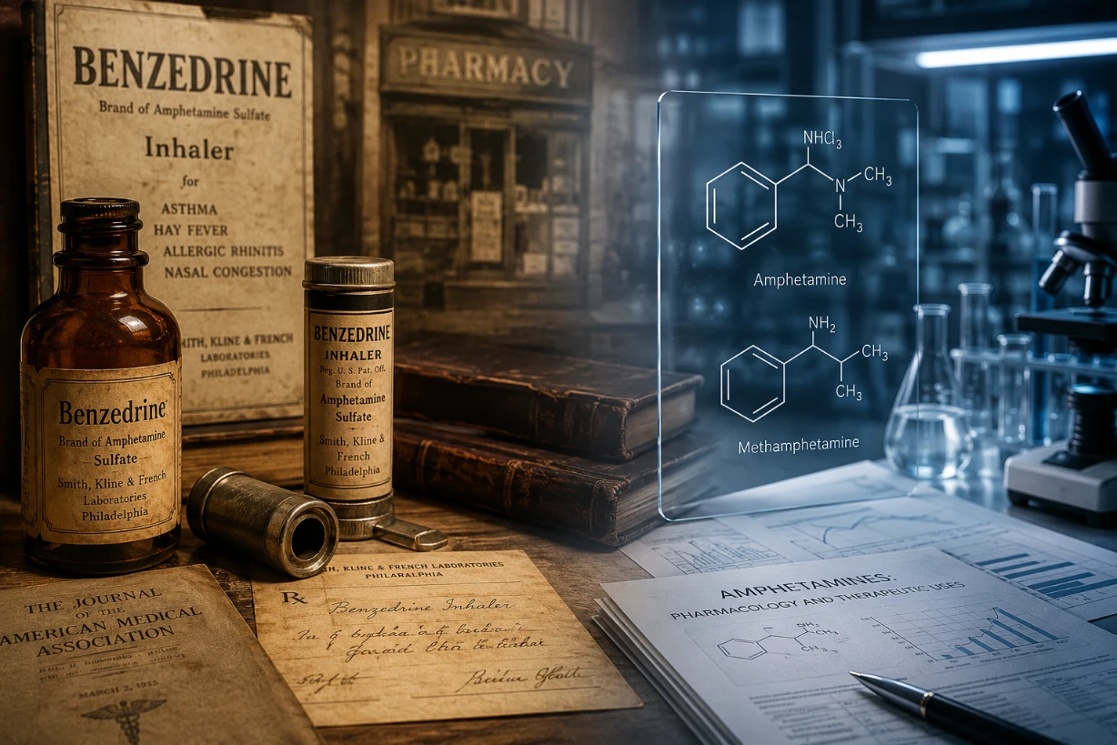 Ancien inhalateur Benzedrine et laboratoire moderne illustrant son histoire et son usage médical.