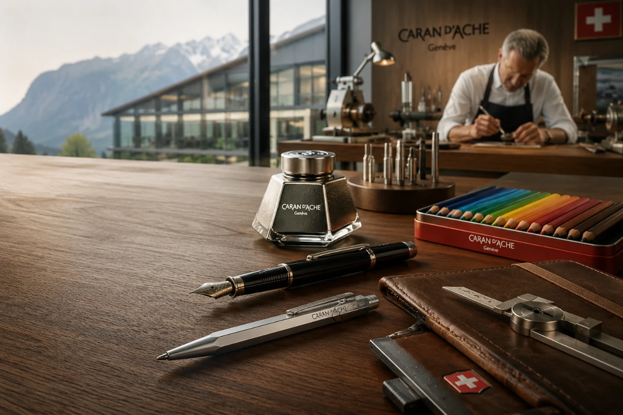 Stylos et crayons Caran d’Ache dans un atelier suisse, symbole de savoir-faire et de précision artisanale.