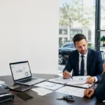 Comptable VTC échange avec un chauffeur dans un bureau moderne entouré de documents financiers fiables.