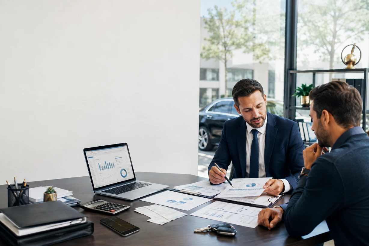 Comptable VTC échange avec un chauffeur dans un bureau moderne entouré de documents financiers fiables.