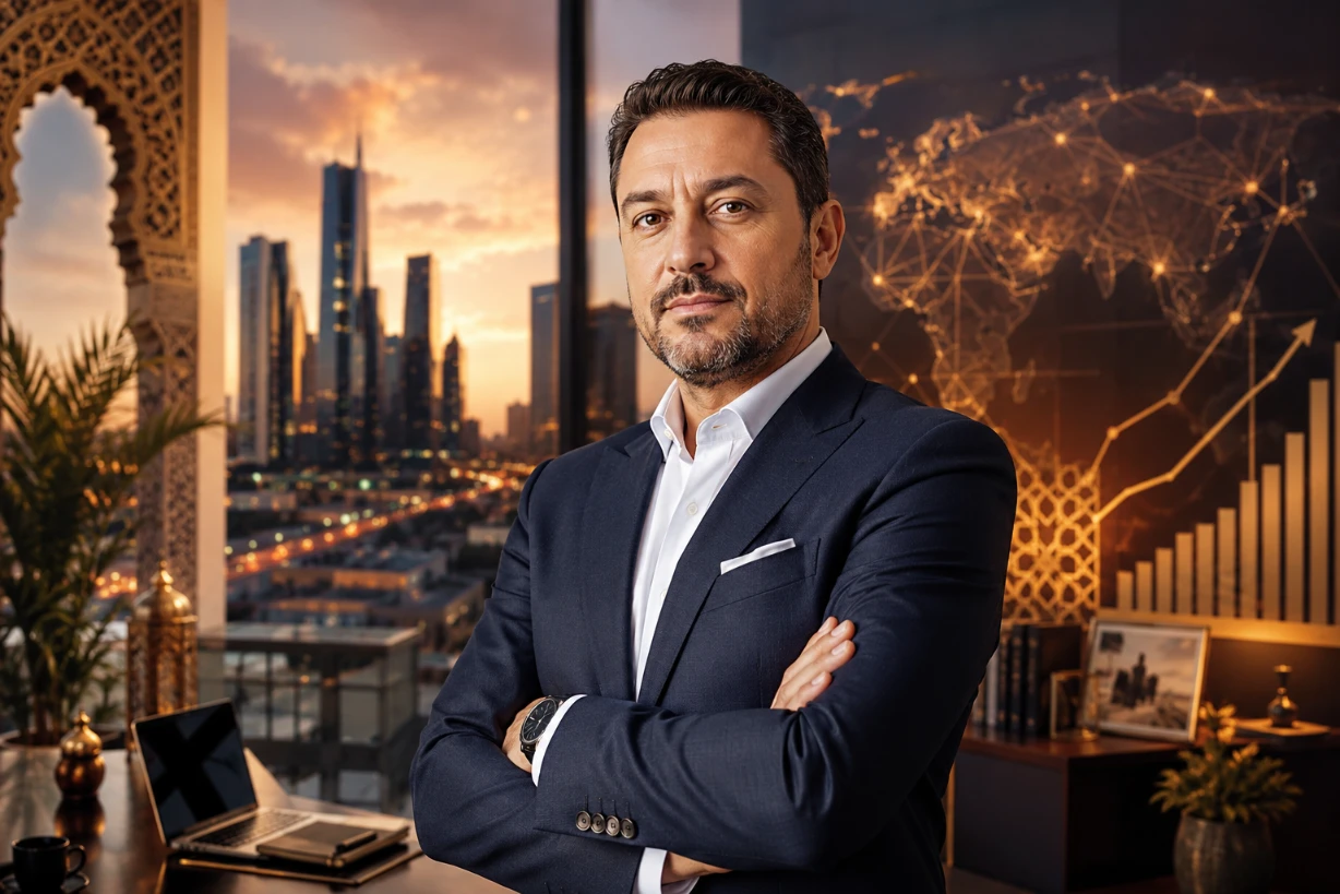 Portrait d’un entrepreneur franco-maghrébin devant une skyline moderne, symbole de réussite.