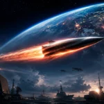 Missile hypersonique traversant l’atmosphère au-dessus de la Terre dans un contexte de tensions militaires.