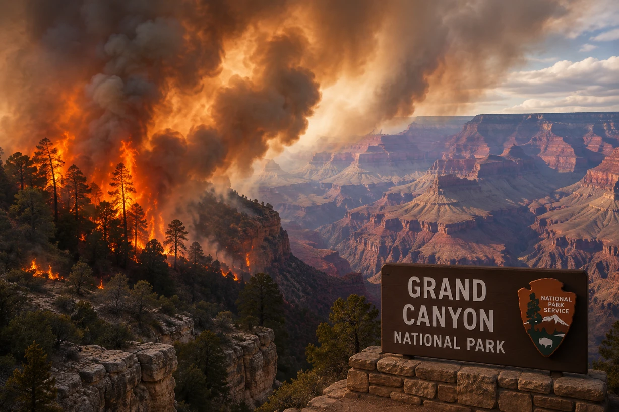 Incendie de forêt au Grand Canyon, fumée dense et flammes menaçant les paysages du parc naturel.