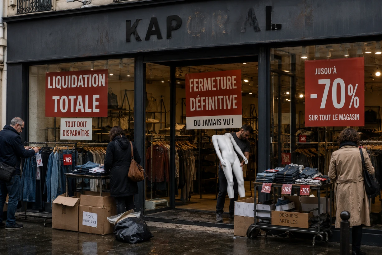 Boutique de mode en liquidation avec affiches de fermeture, clients et rayons presque vides.
