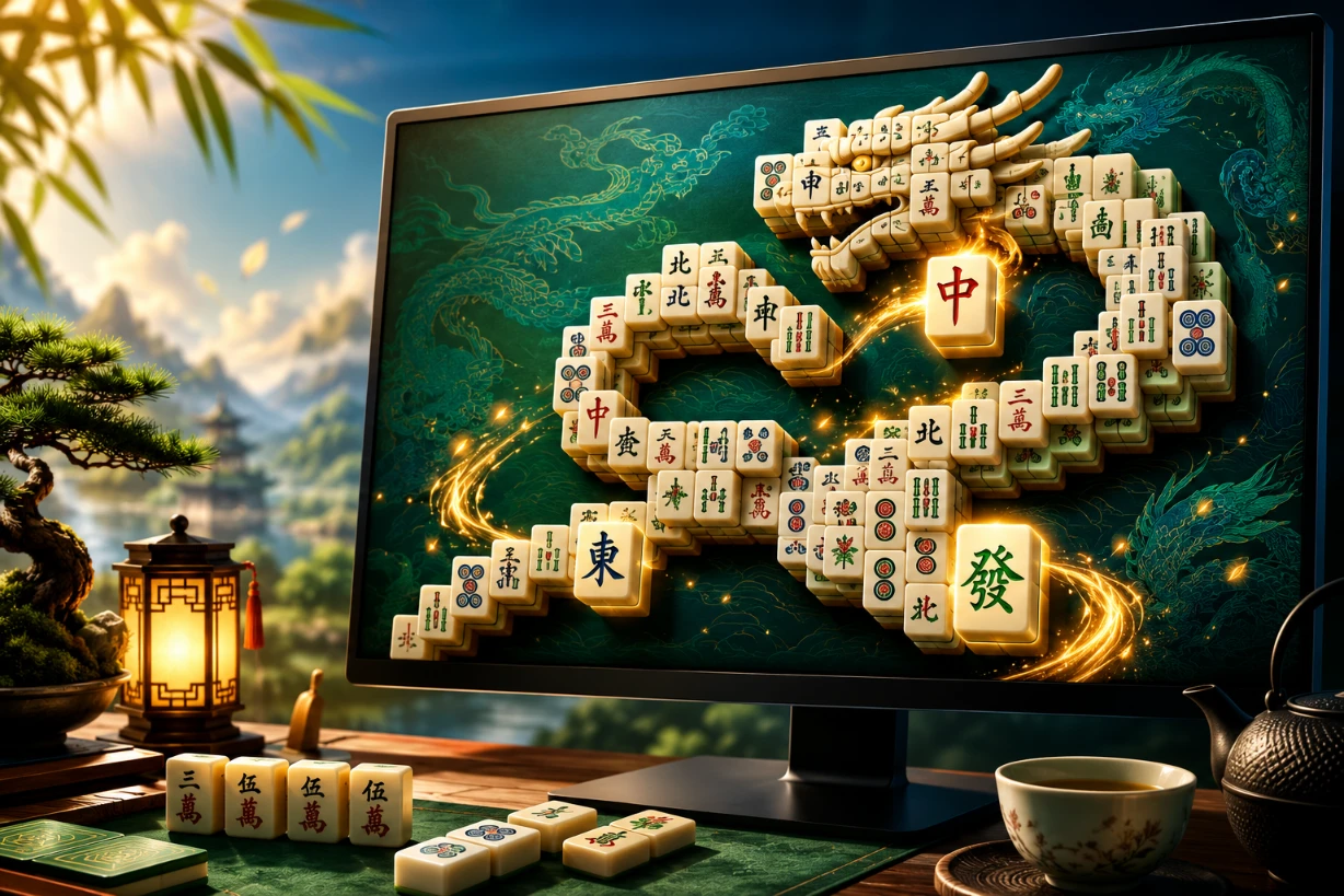 Jeu Mahjong Titans en plein écran sur moniteur moderne, tuiles lumineuses et décor asiatique.