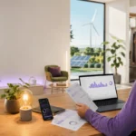 Personne comparant des factures d’électricité dans une maison moderne tournée vers les énergies vertes.