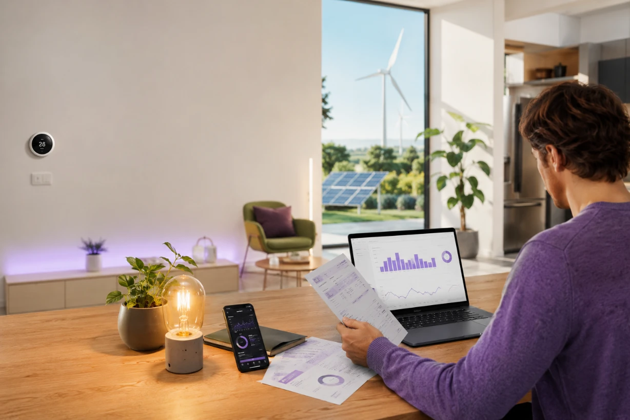 Personne comparant des factures d’électricité dans une maison moderne tournée vers les énergies vertes.