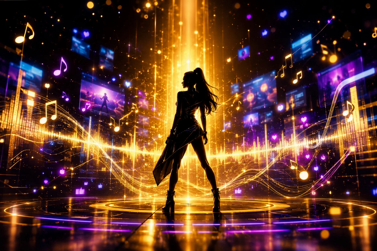 Silhouette féminine sur scène futuriste, entourée d’ondes musicales dorées et d’effets néon viraux.