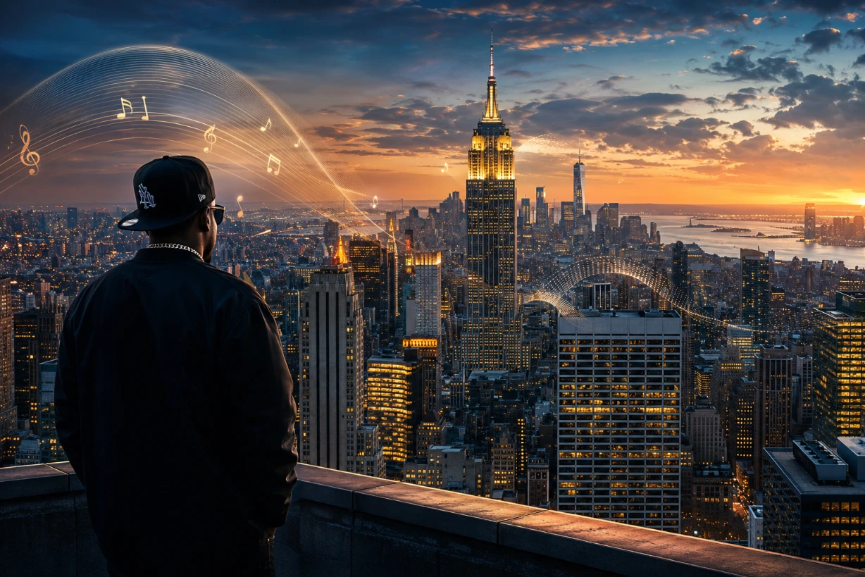 Silhouette d’un artiste face à Manhattan au crépuscule, avec l’Empire State Building illuminé.