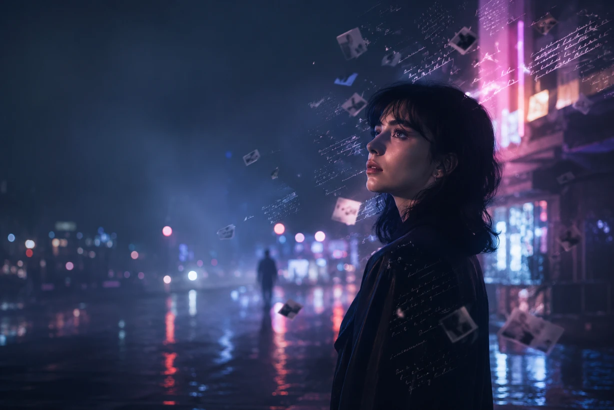 Jeune femme rêveuse sous des néons nocturnes, entourée de souvenirs flottants et d’une ambiance mélancolique.