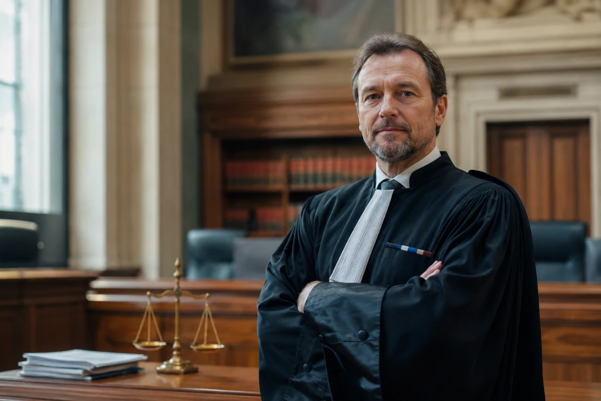 Magistrat français en robe noire dans un tribunal, symbole d’autorité, justice et expertise.