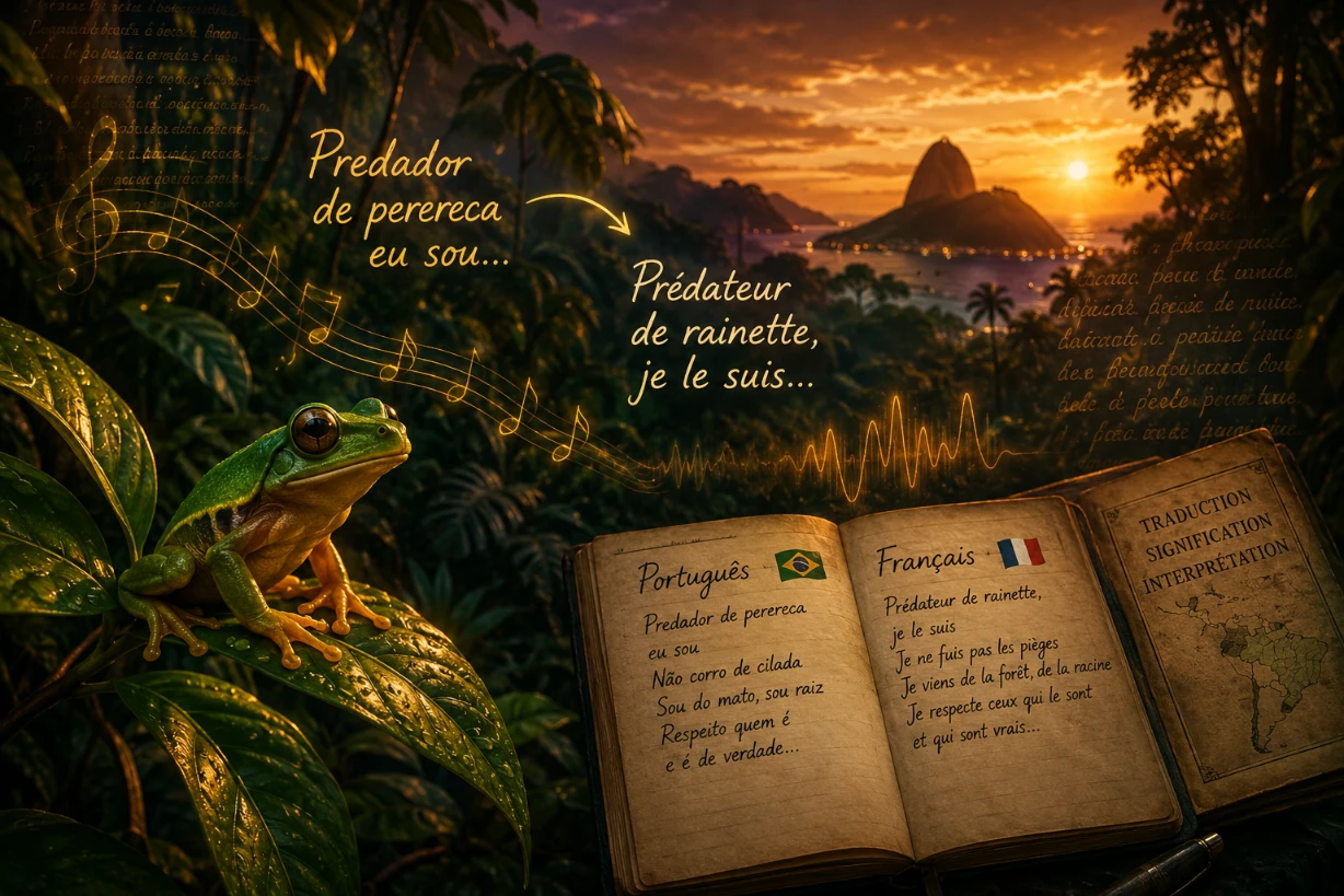 Grenouille dans une forêt tropicale au coucher du soleil, avec paroles traduites du portugais au français.