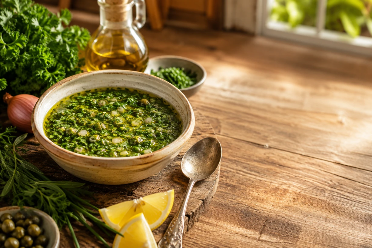 Sauce ravigote maison aux herbes fraîches servie dans un bol rustique sur une table en bois.