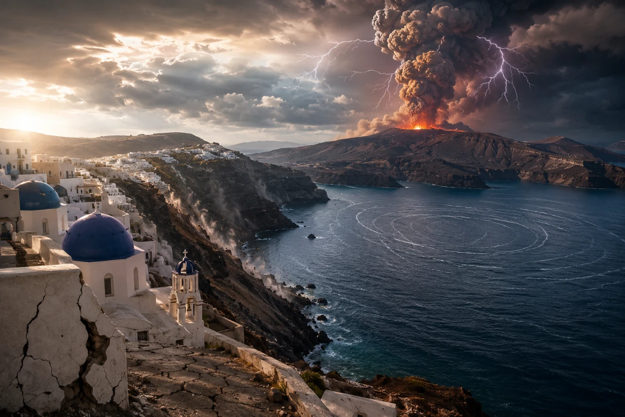 Vue de Santorin avec fissures, caldeira agitée et panache volcanique sous un ciel orageux.