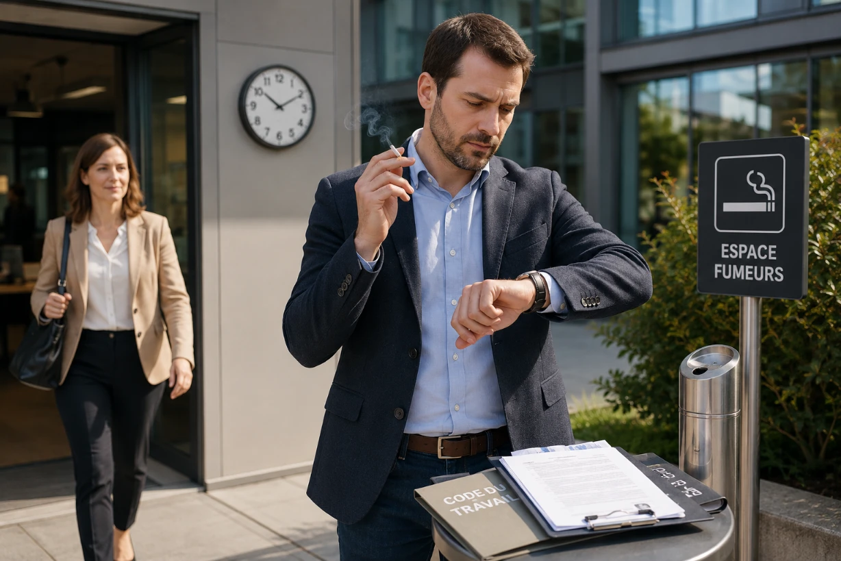 Employé en pause cigarette devant un bureau, consultant sa montre près d’un espace fumeurs.