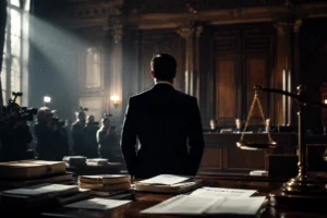 Silhouette d’un homme dans un tribunal, sous les projecteurs, au cœur d’une affaire judiciaire.