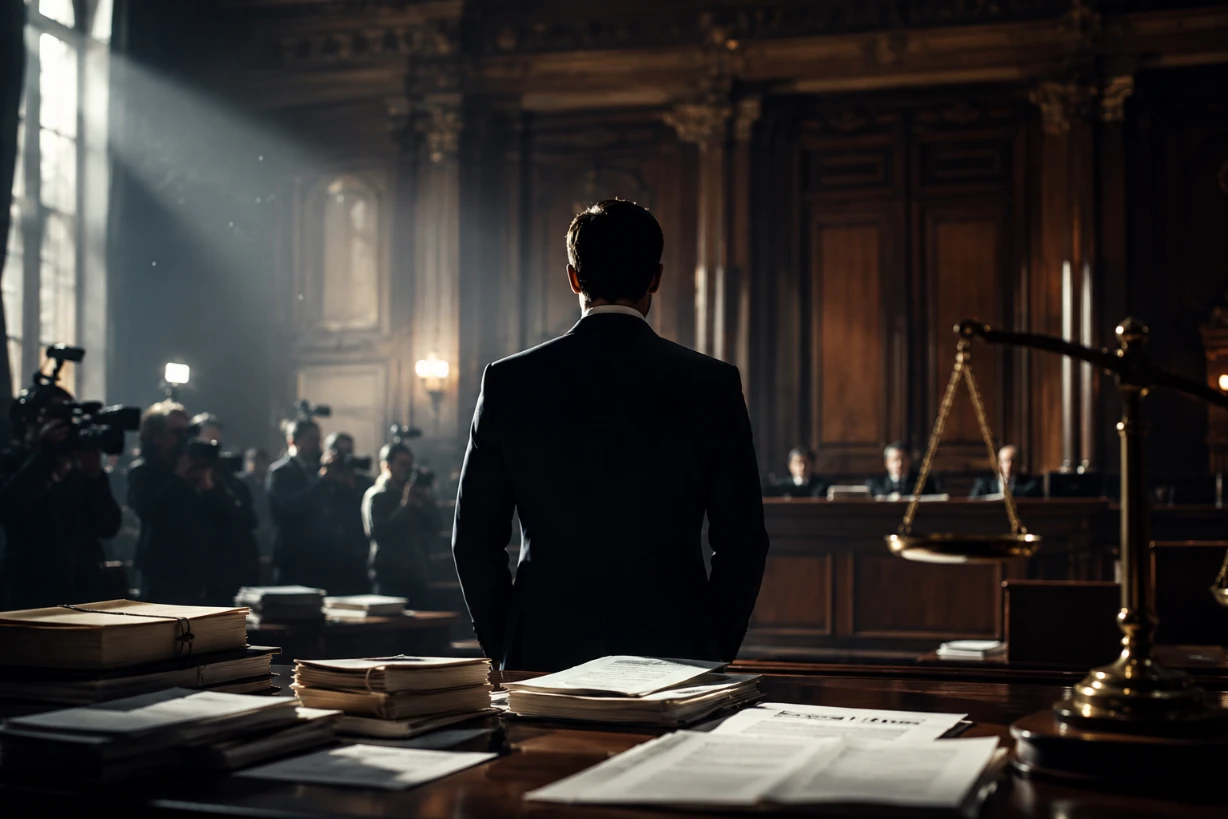 Silhouette d’un homme dans un tribunal, sous les projecteurs, au cœur d’une affaire judiciaire.